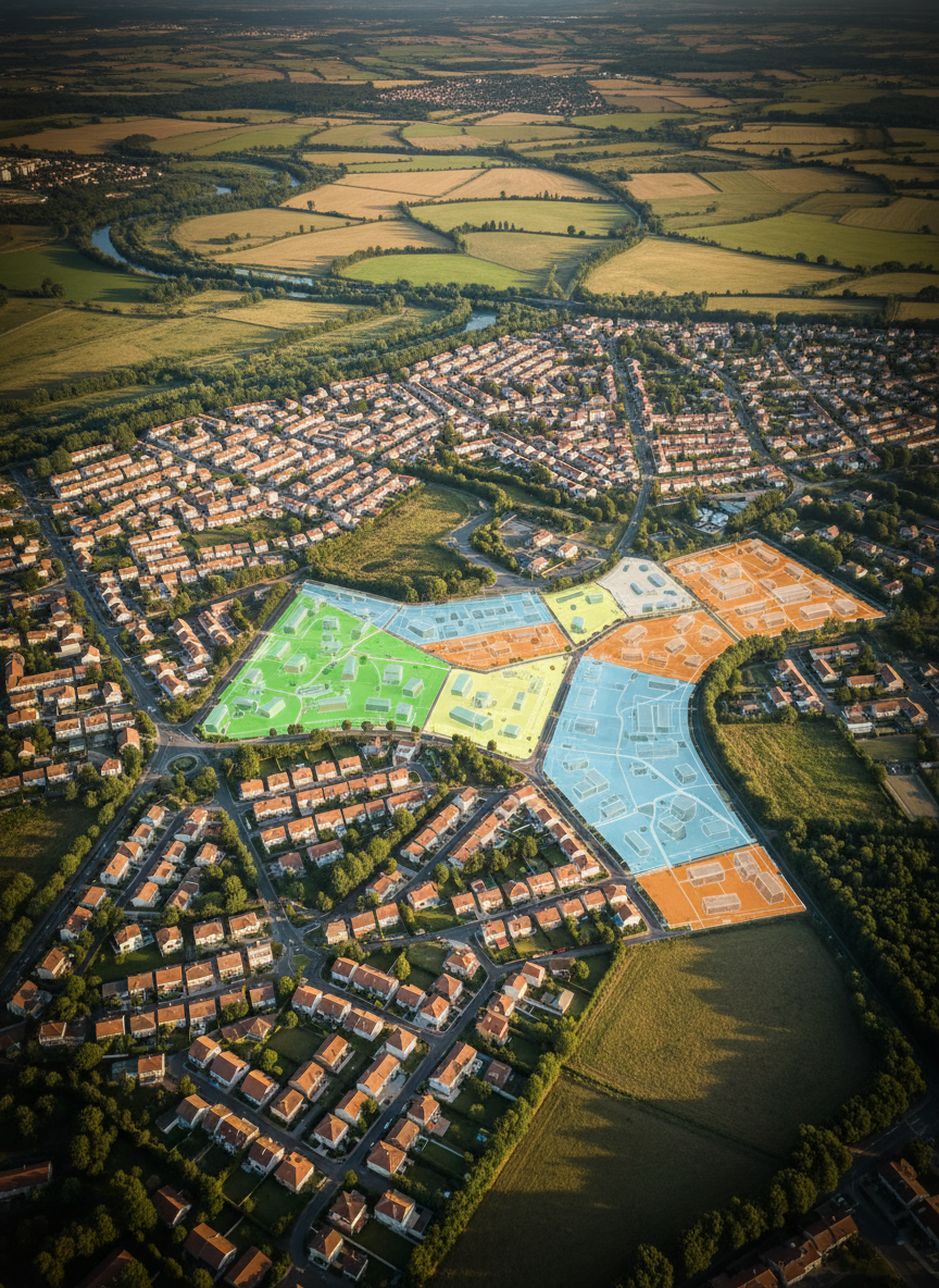 A large, detailed aerial view of a contemporary French suburban landscape, focusing on a patchwork of residential blocks, open fields and future development zones. Clear property boundaries, zoning colors and subtle overlayed building envelopes appear as if superimposed on the terrain, like a professional urban planning map blended with reality. Soft late-afternoon natural light emphasizes roofs, trees and street grids, casting long, gentle shadows. Photographic realism from a high bird’s-eye perspective, with sharp focus on the central parcels and a slight vignette on the edges. The mood is professional, ordered and strategic, illustrating land development potential in a clean, modern, corporate style.