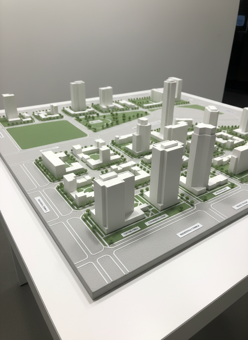 An elegant, large-format printed 3D model of an urban development project placed on a pristine white presentation table: precise white building volumes on a pale grey base showing streets, sidewalks and landscaped green spaces in soft green tones. Discrete labels mark key parcels and public amenities. Overhead, diffused studio lighting provides even illumination with subtle, realistic shadows that reveal the model’s depth and geometry. Photographic realism captured from a low, three-quarter angle, placing emphasis on the main building volumes while allowing the street grid to recede into the background. The atmosphere is polished, visionary and corporate, highlighting the assembly and structuring of a land development project destined to be sold to a real estate promoter.