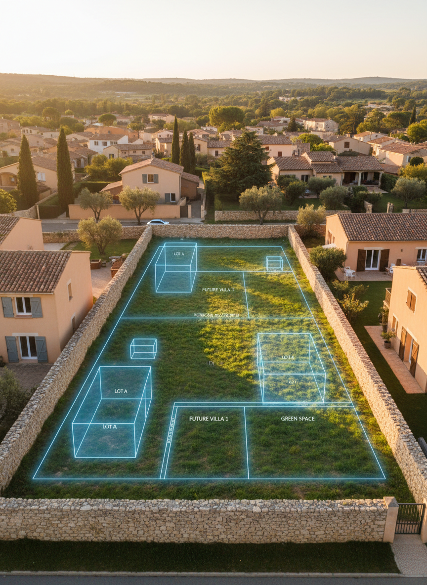 A detailed ground-level view of a prime development plot at the edge of a French town: a grassy, slightly sloping vacant lot bordered by low stone walls and neighboring houses with tiled roofs. Discreet, translucent overlays indicate hypothetical building envelopes and lot divisions, as if projected in the air, demonstrating future real estate potential. Warm golden-hour sunlight bathes the scene, emphasizing textures of grass, stone and roof tiles while casting elongated, soft shadows. Photographic realism from a slightly elevated angle, with sharp focus throughout to clearly show both the existing context and the conceptual overlays. The mood is optimistic, forward-looking and professional, emphasizing site selection and value creation in land development.