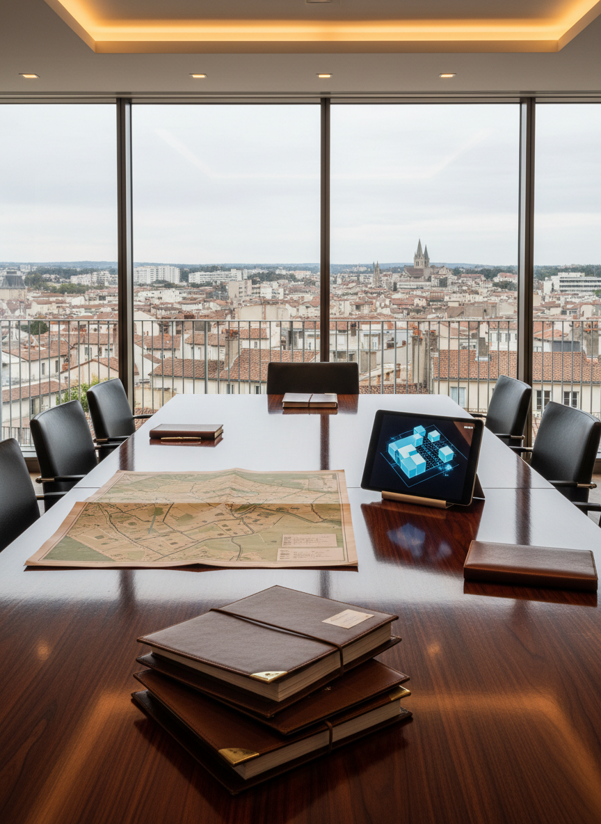 A sophisticated negotiation setting without people: a polished dark wood conference table with neatly arranged property dossiers, a folded cadastral map, and a tablet displaying a 3D massing model of a future real estate project. In the background, floor-to-ceiling windows reveal a distant view of a mid-rise French town, with rooftops and church spires under soft overcast light. Warm, indirect interior lighting reflects gently off the table’s surface, enhancing the richness of the materials. Photographic realism, shot at eye level with a balanced composition that draws the eye from the documents to the subtle cityscape beyond. The mood is strategic, confident and corporate, evoking professional dialogue between landowners, municipalities and promoters.