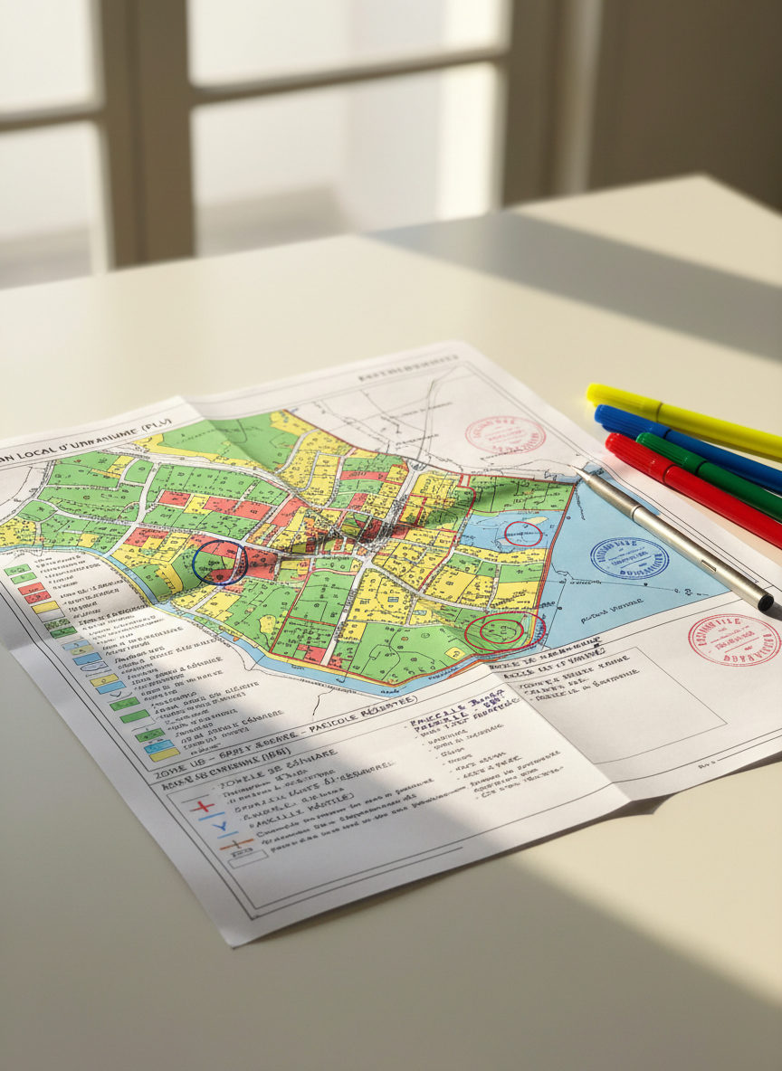 A close-up, photographic realism shot of an official French urban planning document spread open on a clean, matte white desk, with colored zoning legends, precise black line drawings and neatly stamped approvals visible. Several colored markers and a fine mechanical pencil rest beside carefully annotated margins, where key parcels are circled and labeled. Daylight from a nearby window creates a soft, diffused glow across the paper, accentuating its texture and the crisp printed lines, while casting delicate shadows from the writing instruments. Composed with a centered focus and shallow depth of field, this image conveys meticulous analysis, rigor and expertise in reading and interpreting planning regulations for land development.