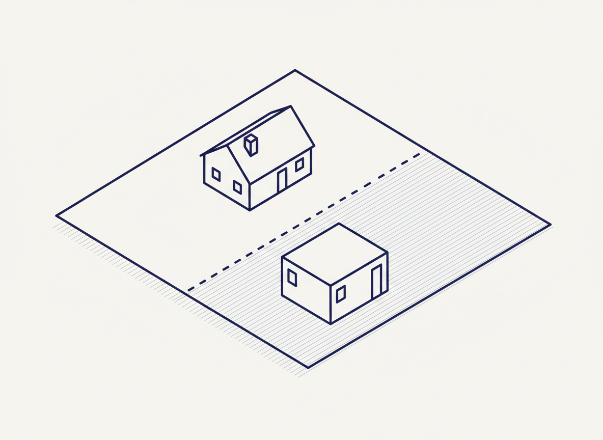 Schéma isométrique : découpage d'un terrain conservant un logement existant et ajoutant une nouvelle construction