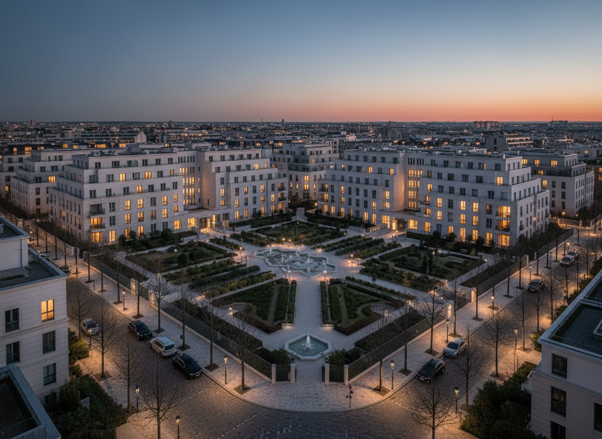 Vue aérienne au crépuscule d'une résidence contemporaine haut de gamme en Île-de-France