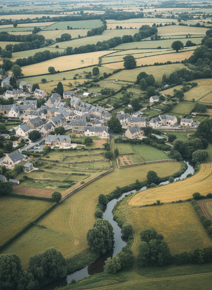 Vue élevée d’une petite commune française où le paysage, les parcelles et l’habitat de faible hauteur s’entremêlent, tons sobres et naturels.
