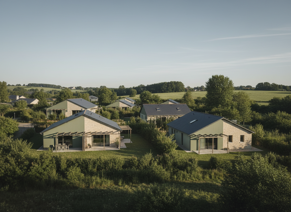 Editorial architectural photograph of a small group of individual houses integrated into a French rural or peri-urban landscape, soft natural morning light, restrained muted tones of sage green, warm sand and deep slate, low-density housing blending into greenery, calm and institutional mood, no people, no text, wide cinematic framing