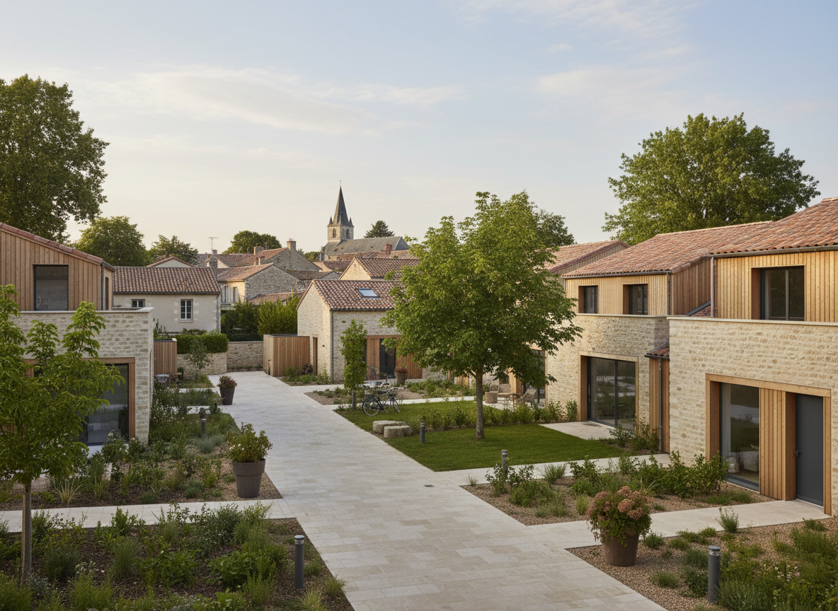 Photographie architecturale contemporaine d’un tissu résidentiel français à petite échelle, montrant quelques maisons individuelles groupées aux volumes sobres et élégants, rues calmes, jardins, arbres matures, cheminements doux et relation harmonieuse avec un village ou une petite commune française. Architecture réaliste, matériaux naturels et minéraux, lumière douce, composition éditoriale, sans personnes reconnaissables, sans voitures dominantes, sans panneaux ni texte, sans aspect luxueux ni promotion immobilière. L’image doit évoquer l’habitat, le paysage, l’intégration urbaine et la qualité des usages.